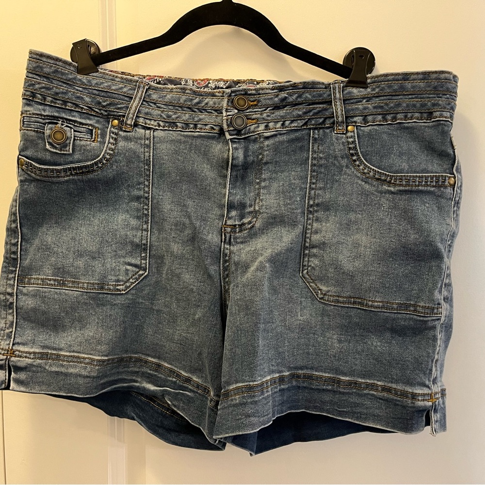 One 5 One Shorts Womens Blue Square 5 Pocket Flap Denim Stretch